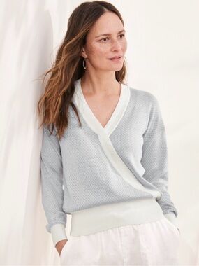 Garnet Hill Faux Wrap Tendu surplice Sweater 100% Pima Cotton Balletcore Gray S